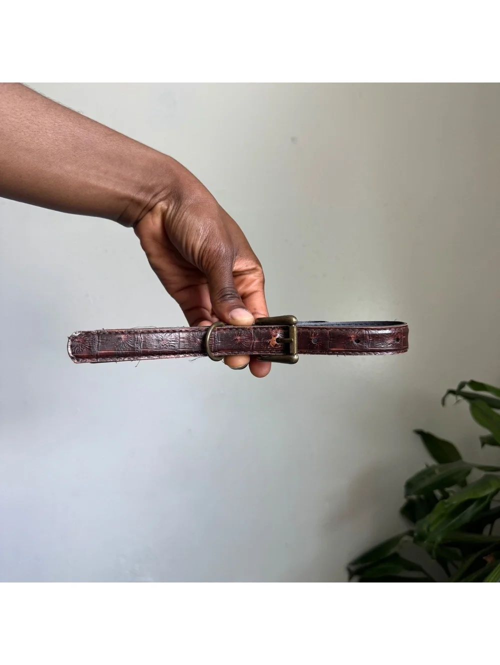Vintage 90s Dark Brown Faux Croc Skinny Belt Brass Buckle Fits like M
